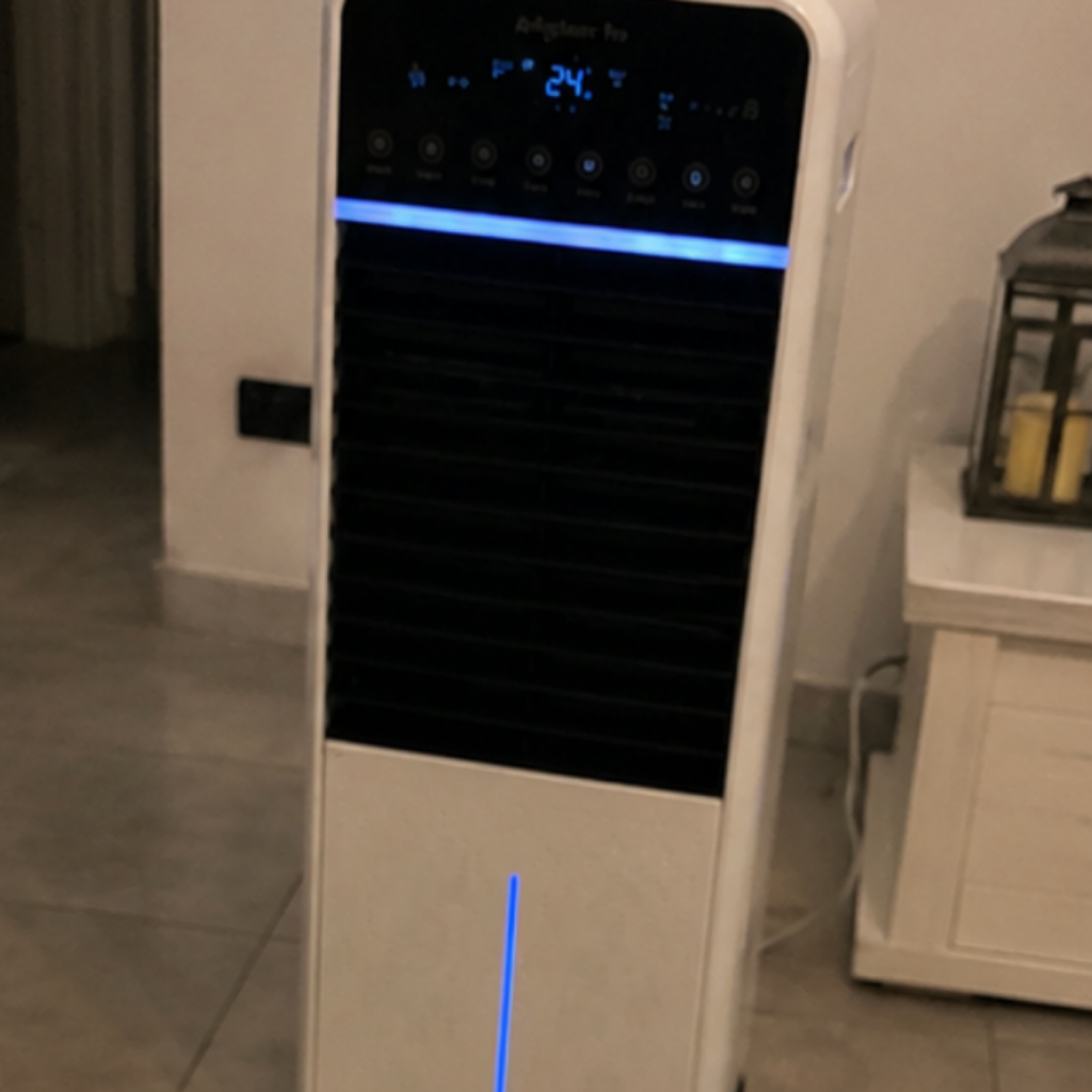 Climatizador de columna encendido en un salón junto a un mueble blanco