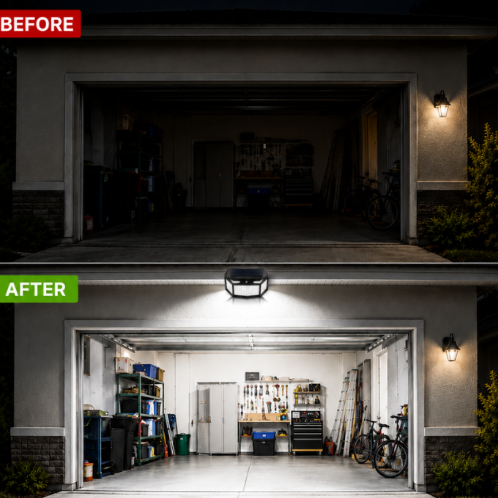 Garage bei Nacht vor und nach der Montage einer Solarleuchte über dem Tor