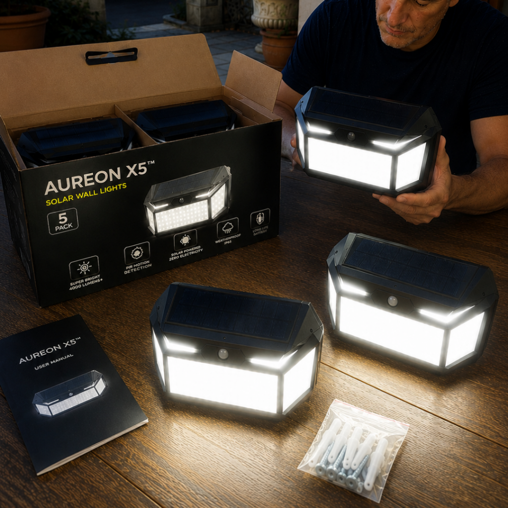 Geöffneter Karton mit leuchtenden Solarleuchten und Schraubenbeutel auf einem Tisch