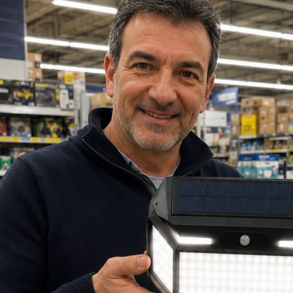 Homem numa loja de bricolage a segurar uma luz solar de parede acesa