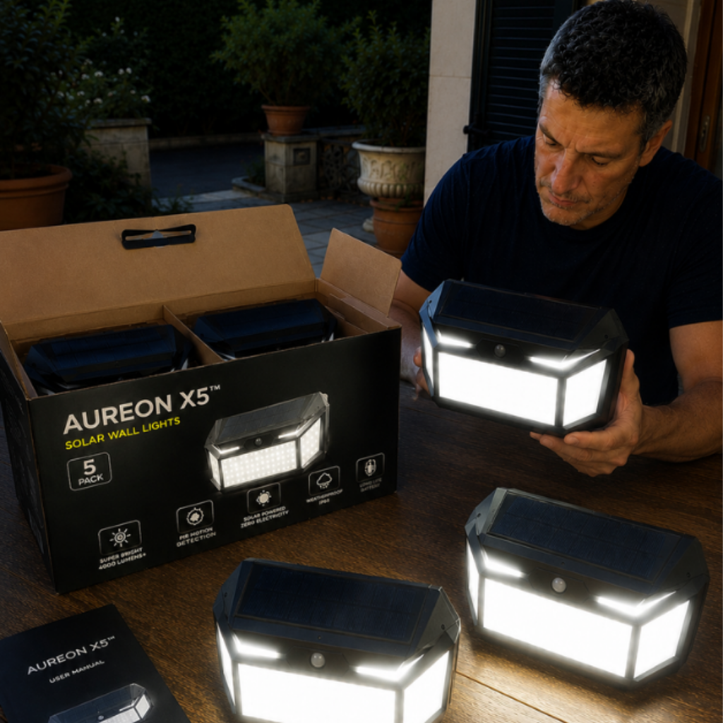 Homem a tirar luzes solares acesas da caixa numa mesa exterior à noite