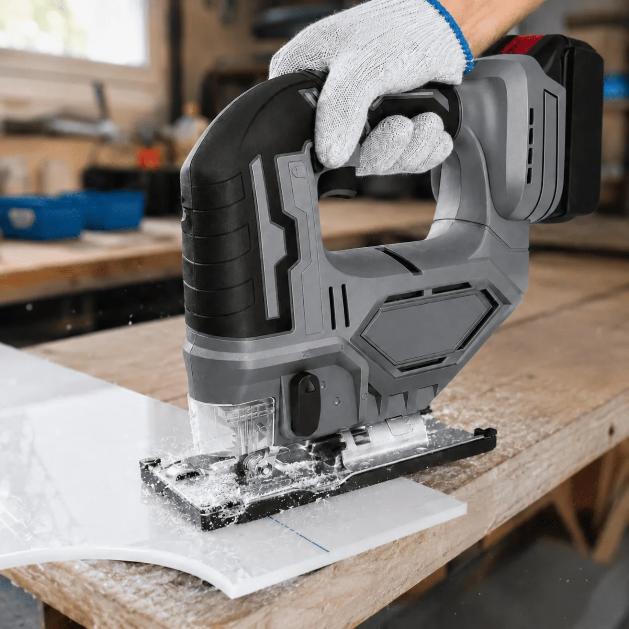 Grey cordless jigsaw cutting a white plastic sheet on a workbench