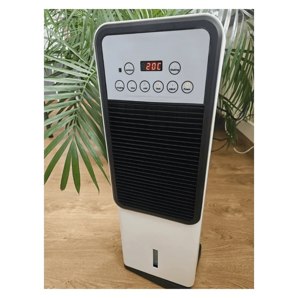 White and black portable cooler and heater on a wooden floor next to a plant