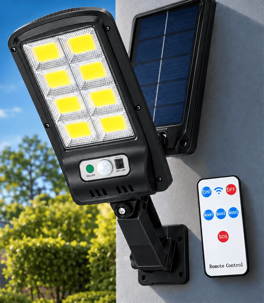 Black solar LED wall light with an adjustable solar panel and a remote control