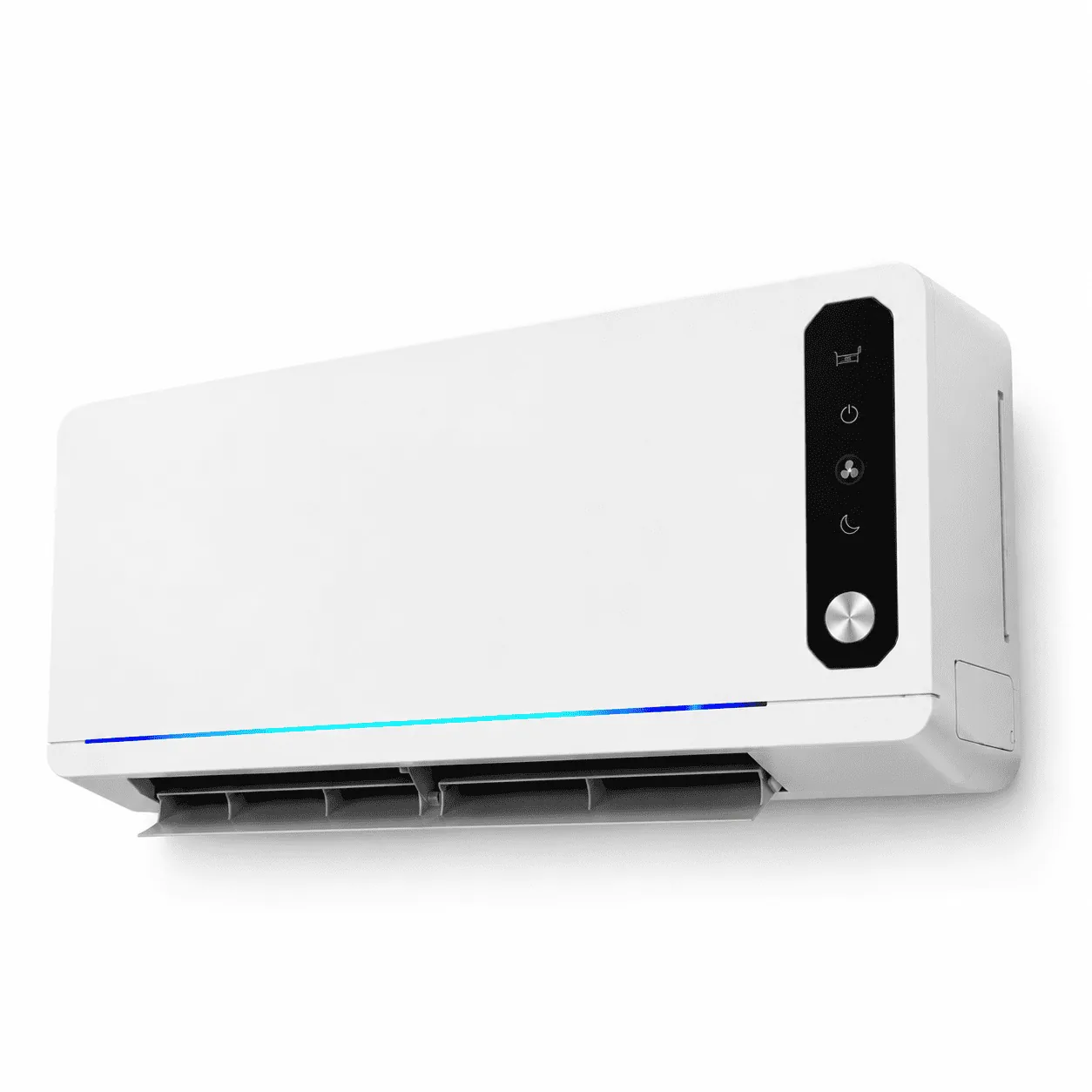 White wall-mounted unit with a control panel and blue light strip